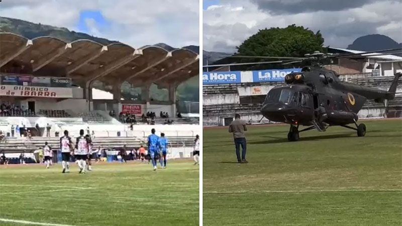 Un helic&oacute;ptero aterriza en un estadio de Ecuador en pleno partido de f&uacute;tbol