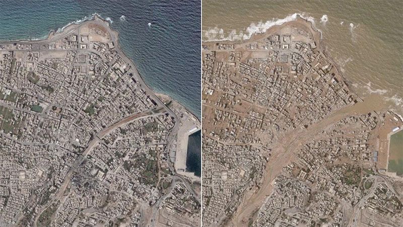 Imagen de sat&eacute;lite del este de Libia, antes y despu&eacute;s de las inundaciones