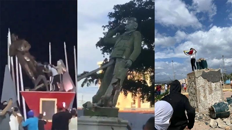 Manifestantes antigubernamentales derriban varias estatuas de Hugo Ch&aacute;vez en Venezuela